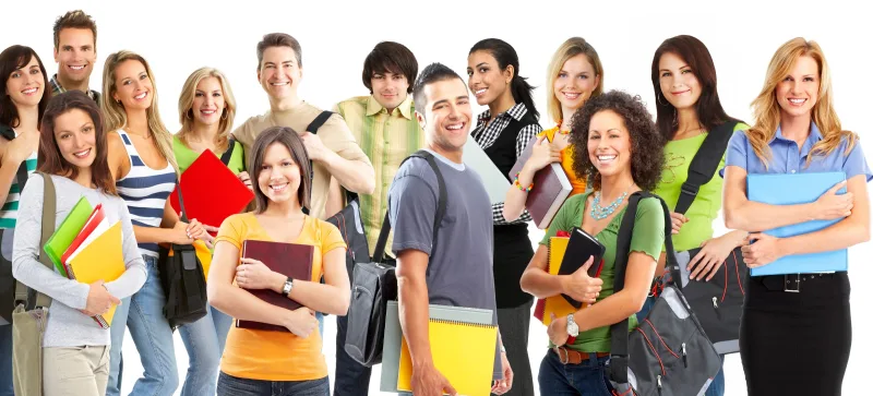 A large group of students and young people standing together, smiling.